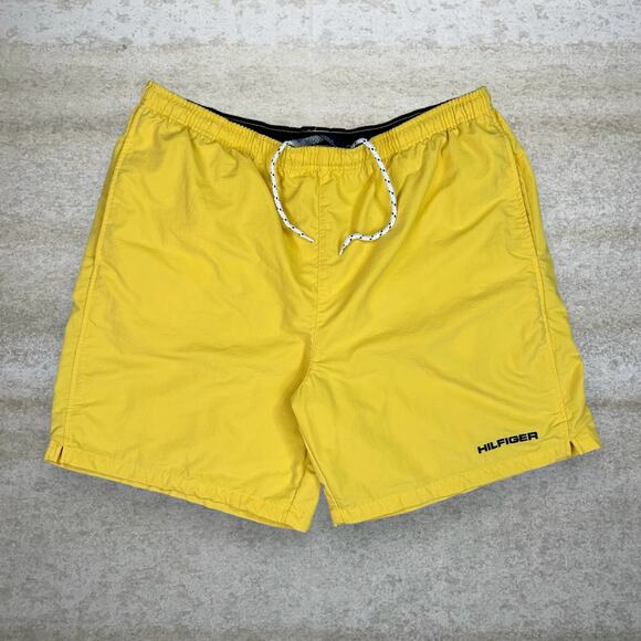 Vintage Tommy Hilfiger Swim Shorts Banana Yellow Spellout Logo 8" Inseam 90s - Picture 1 of 4
